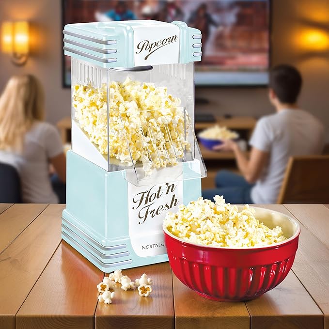 Nostalgia Retro Hot Air Popcorn Maker – 12 Cups Oil Free Popping – Countertop Machine with Measuring Cup – Healthy Snacks & Movie Nights – Aqua