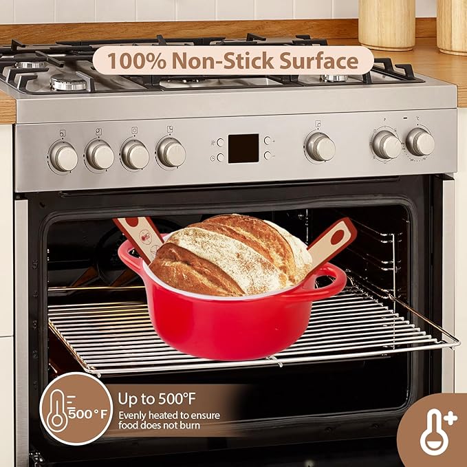 Silicone Bread Sling for Dutch Oven, 2 PCS Red Non-Stick & Reusable Bread Baking Mat with Extra Long Handles, Easy and Safe Sourdough Transfer, Dishwasher Safe Baker's Tools, Round and oval