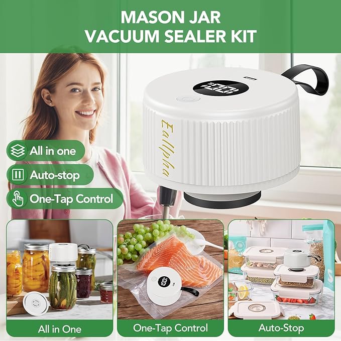 Electric Mason Jar Vacuum Sealer Kit – Automatic Jar Sealer for Wide & Regular Mouth Mason Jars, Food Storage Vacuum Sealer for Coffee Beans, Dry Food & Meal Prep Includes 30 Lids