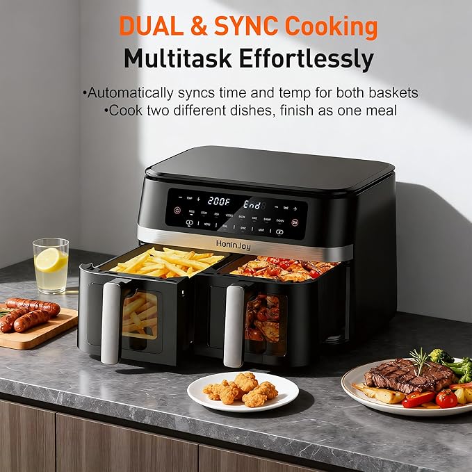 12QT Large Double Basket Air Fryer with 50PCS Paper Liners and Viewing Window, 12-in-1 Digital Touchscreen Dual Zone Air Fryers for Easy Meal, SyncCook to Roast,Reheat,Broil, Dishwasher Safe