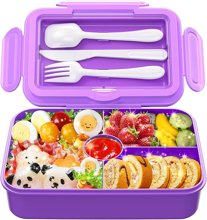 DaCool Lunch Box Kids Bento Box 7.5 Cups with 4-Compartment Leakproof BPA Free Toddler Girls Lunch Containers with Fork Spoon for Meal Snack School Picnic Travel, Microwave Dishwasher Safe, Purple
