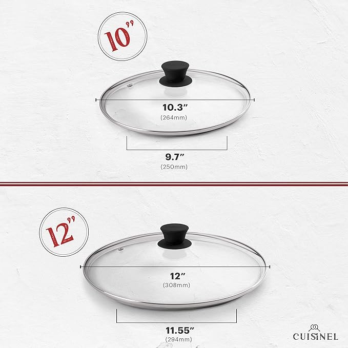 Glass Lids Set with Steam Vent Hole - 10"+12-Inch/25.4cm+30.48cm - Compatible with Lodge Cast Iron Skillet Pans - Oven Safe Fully Assembled Tempered Universal Replacement Cover - Reinforced Steel Rim
