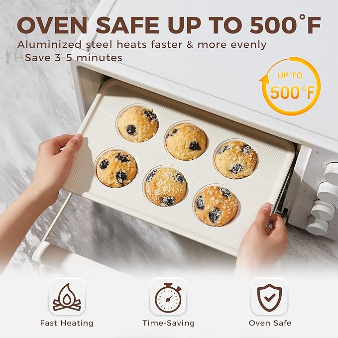 HONGBAKE 2 Pack Nonstick Ceramic Muffin Pan, 6 Cup Muffin tin for Baking, Non-toxic Cupcake Pan, Heavy-duty Aluminized Steel Cupcake Tray with Diamond Texture, Easy To Clean (Cream, 2PCS)