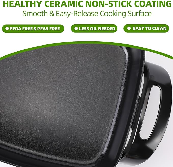 12" Ceramic Nonstick Electric Skillet with Tempered Vented Glass Lid, Scratch-Resistant Surface, Cool-Touch Handles, Removable Easy-to-Clean Design, 1200W, Vibrant Green