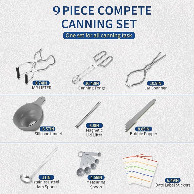 Canning Supplies Starter Kit,Canning Kit for Beginners of 9 with Jar Lifter，Wide Mouth Funnel,Wrench,Tongs,Lid Lifter,Bubble Popper,Canning Labels,ladle,Measuring Spoon-Gray