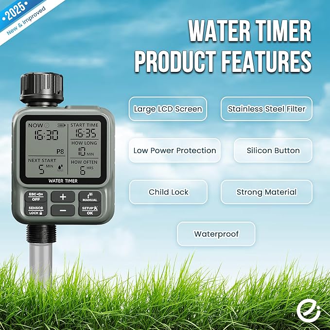 Egardenkart, Sprinkler Timer Outdoor - Water Timer for Garden Hose with Automatic, Manual and Rain Delay Mode | Large Display Water Hosetimer | Automatic Watering System for Garden, Lawns, Backyards