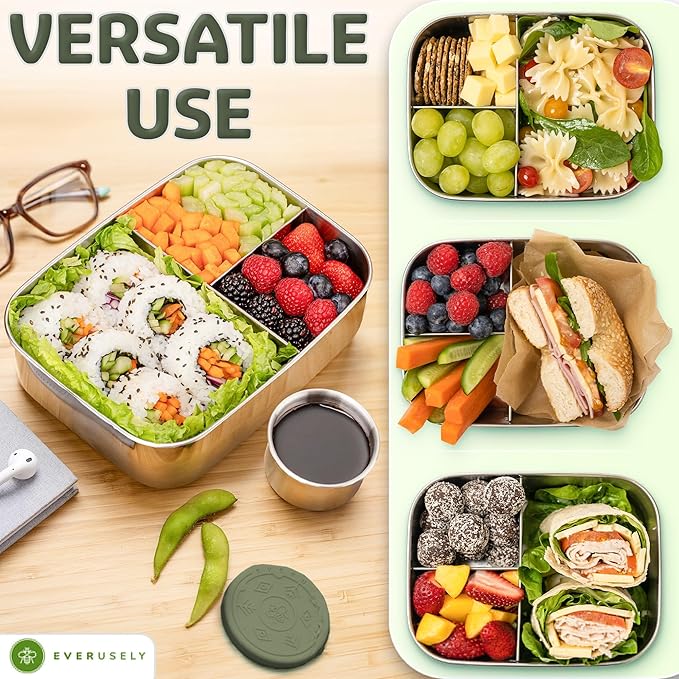 Everusely - Bento Box - Sage, 47oz / 1.4 L - Large Stainless Steel Lunch Box with Leakproof Condiment Container - 3 Compartment Snack Organizer for On the Go Meals - Freezer & Dishwasher Safe