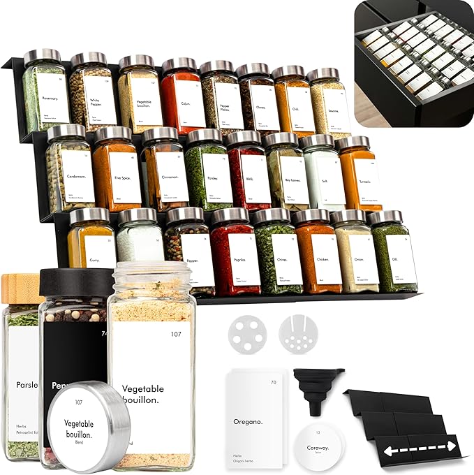 KIVY Drawer Spice Organizer + 24 Jars & 240 Labels - Seasoning Rack for Organization - Kitchen Drawer Insert for Spice Jars - Glass Seasoning Jars with Airtight Lids - Glass Spice Jars with Label