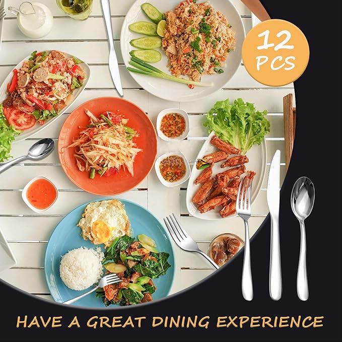 SANTUO Stainless Steel 12PCS Dinner Set combo with 4 Dinner Knives, 4 Dinner Forks, 4 Dinner Spoons，Silverware Set for Home, Kitchen and Restaurant, Mirror Polished& Dishwasher Safe