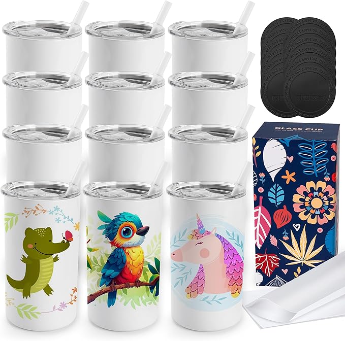 Joyclub 12 Pack Sublimation Tumblers Stainless Steel Insulated Bulk 12 oz Sublimation Tumbler Blanks with Lid and Straw, Ideal for DIY Gifts, Tea, Coffee