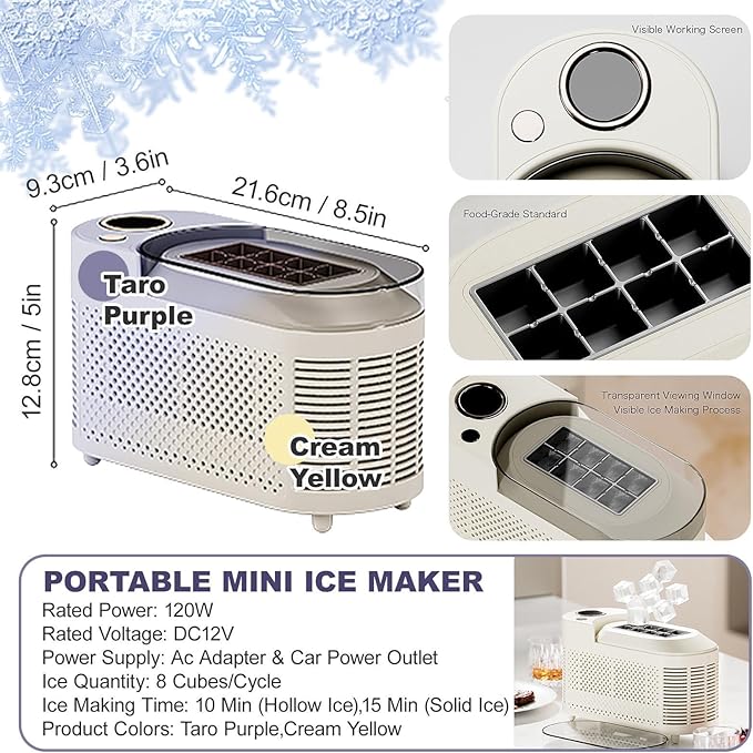 Mini Ice Making Machine, Compact Countertop Ice Maker, 8 Cubes in 15 Mins, 120W Dual Powered Automatic ICES Box with Clear Cover, Good Heat Dissipation, for Home, Office, Camping Use