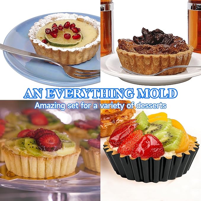 4 Pack Deep Tart Pans with Removable Bottom, 4-Inch Nonstick Quiche Pan with Silicone Basting Pastry Brush for Baking Treats, Pie, Quiches, Tartlets