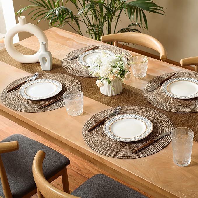 FunWheat Round Braided Placemats Set of 6 Place mats for Dining Tables Woven Heat Resistant Table Mats 15 inch for Fall(Brown)