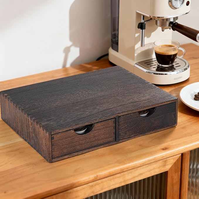 Wooden K Cup Organizer Coffee Pod Storage Box, Coffee Pod and Tea Bag Holder,Kcup Drawer Coffee Maker Stand,Home Kitchen Counter Holds Up to 30 Pods Capacity (2 Drawer) (Carbonized Black)