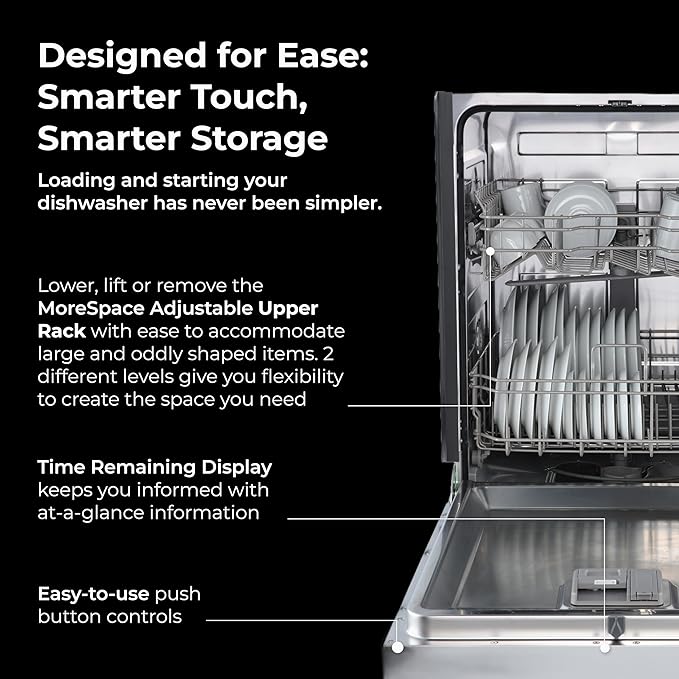 Kenmore 24" Premium Hybrid Tub Dishwasher - UltraWash, MoreSpace Adjustable Rack, High Temp & SmartWash - 12 Place Settings - 54 DBA - ENERGY STAR Certified - Fingerprint Resistant Stainless Steel