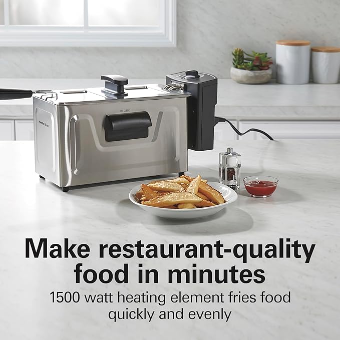 Hamilton Beach Family Style Electric Deep Fryer, Includes Frying Basket with Hooks, 1500 Watts, Easy Detach Magnetic Cord, 3 Liter / 12 Cup Oil Capacity, Stainless Steel (35220G)