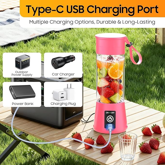 Portable Blender for Smoothies & Shakes - Cordless Personal Size Blender with 6 Blades, 380Ml Juice Cup, Lightweight & Rechargeable, Freshly Squeezed for Picnic/Sports/Office