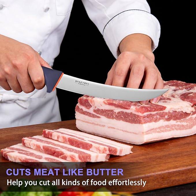 8 Inch Curved Breaking Knife for Meat Cutting - Non-Slip Softgrip Handle with Ultra Sharp Blade, Multi-Purpose Butcher Knife for Steak, Ribs, X50CrMoV15 Stainless Steel