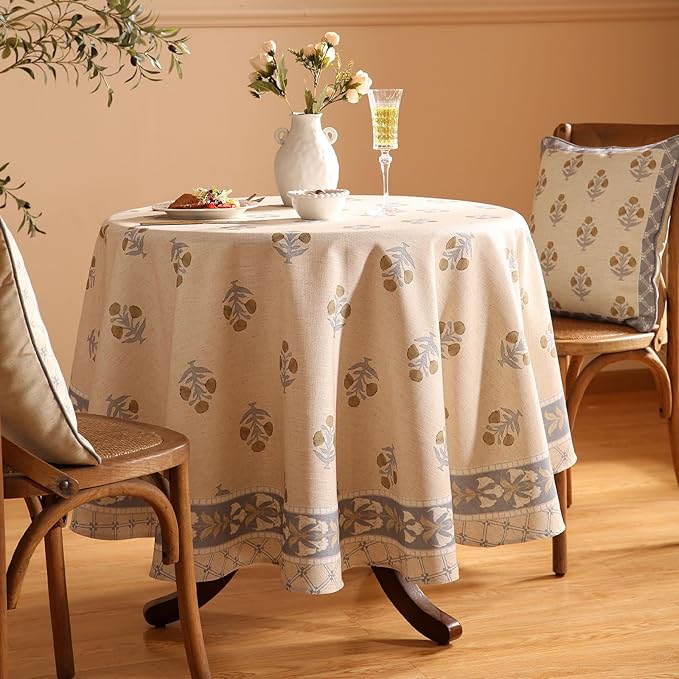 patdrea Designer Beige Round Tablecloth,Vintage Linen Yellow Floral Pattern Table Cloth,Decoration Table Cover for Kitchen Dining Christmas,Tea Party,Thanksgiving,Diameter 67"-Istana a