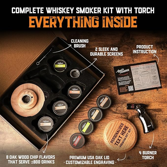 Personalised Whiskey Smoker Kit with Torch & Butane with Oak Wood Chips - Custom Engraved Smoke Lid for Bourbon & Old Fashioned Cocktails - Unique Whiskey Gifts for Men - Fits Various Glasses