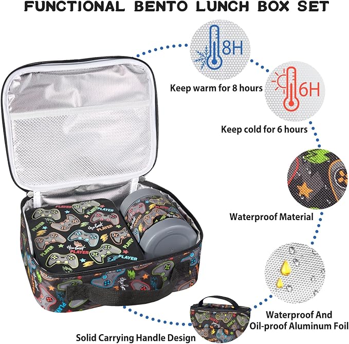 Bento Lunch Box Set for Kids with 10oz Soup Thermo, Leak-Proof Lunch Containers with 4 Compartment, Kids Thermo Hot Food Jar and Insulated Lunch Bag for Kid to School,BPA-Free(Black-Game Console)