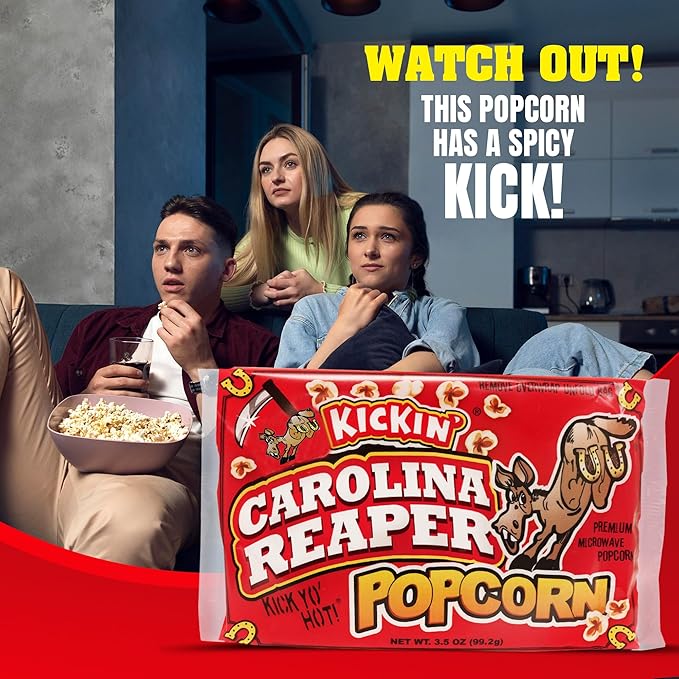 ASS KICKIN’ Carolina Reaper Pepper Microwave Popcorn – 12 Pack - Ultimate Spicy Gourmet Gift Popcorn - Makes a Great Movie Theater Popcorn or Snack Food - Try if you dare!