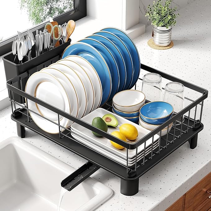 SNTD Dish Drying Rack - Small Dish Rack for Kitchen Counter, Stainless Steel Dish Drainer with Utensil Holder and Drainboard, 12.9" W x 16.9" L (Black)