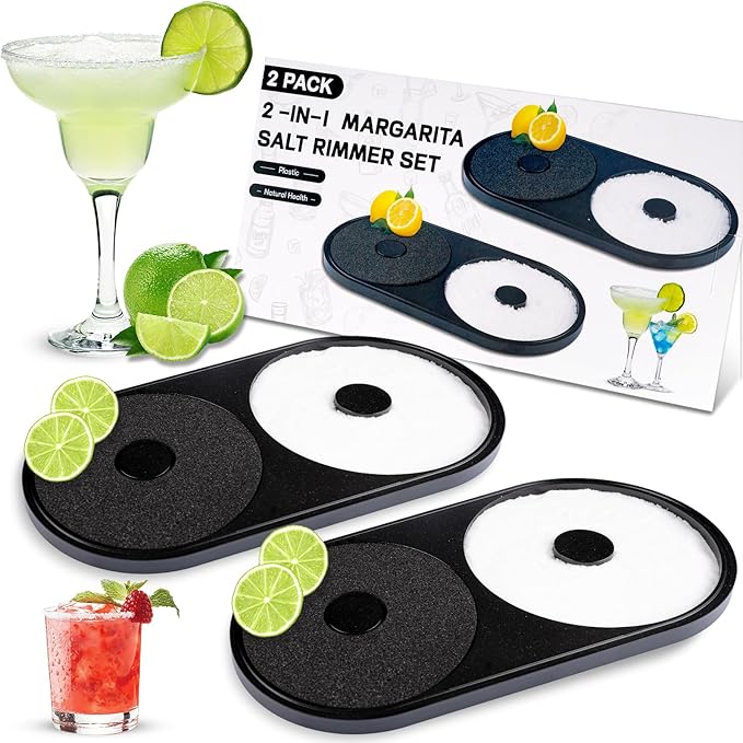 Margarita Salt Rimmer Set, 2 Pack Bar Salt and Sugar Rimmer with Sponge, 2-in-1 Bar Glass Cocktail Rim Set, Dishwasher Safe Black Barware Tools for Margarita Mojitos (Black)