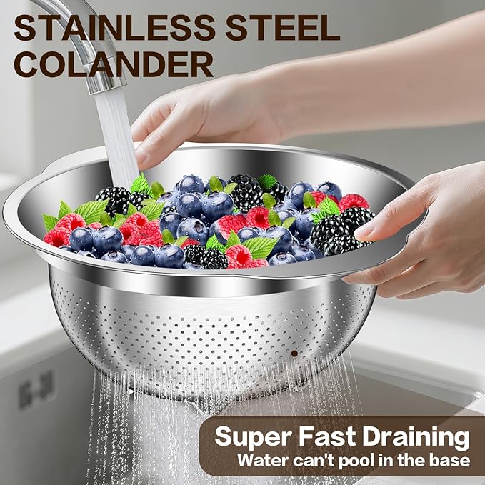 3.5QT Colander with Bowl, Rice Strainer, Stainless Steel Mixing Bowls with Strainer, Pasta Strainer, Colander for Kitchen for Rice Pasta Fruits Vegetables, Rice Cleaner Strainer, Dishwasher Safe