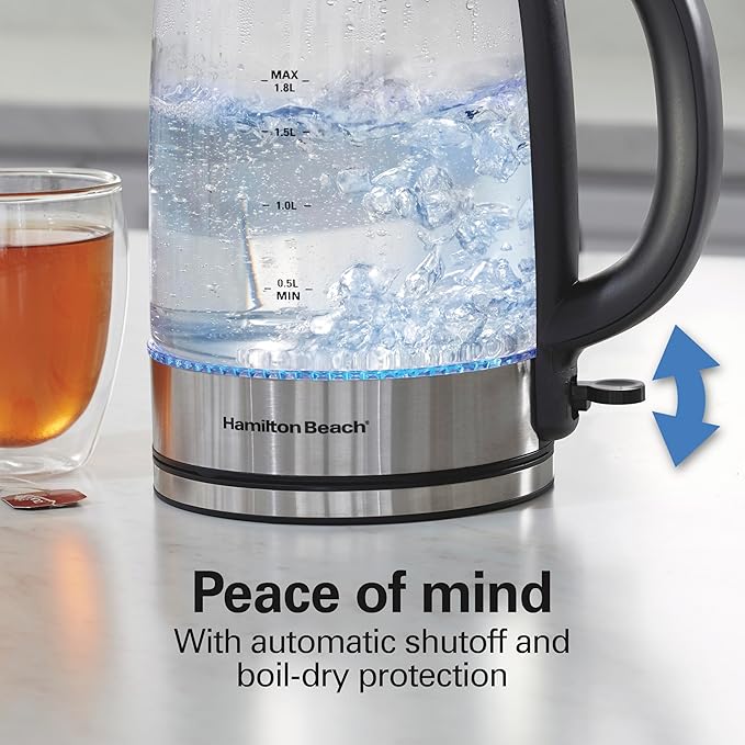 Hamilton Beach Electric Tea Kettle, Water Boiler & Heater, 1.8 Liter, Cordless Serving, 1500 Watts for Fast Boiling, Auto-Shutoff and Boil-Dry Protection, Easy-View Glass (40853C)