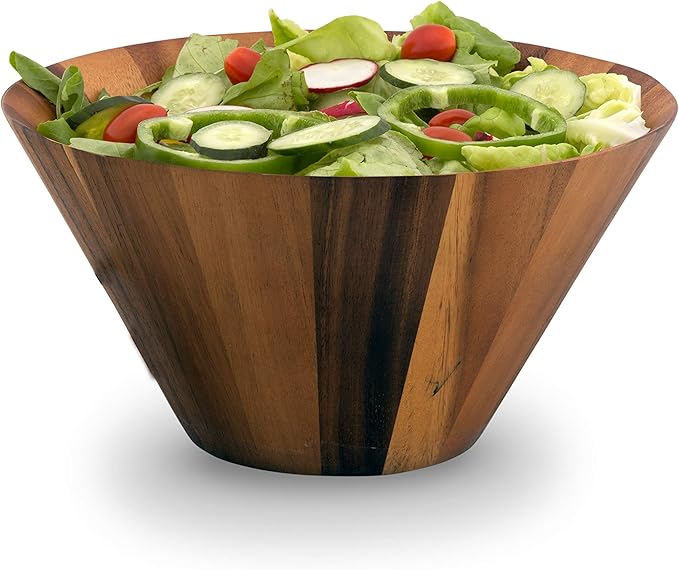 Arthur Court Acacia Wood Serving Bowl for Fruits or Salads Straight Angle Shape Style Large 12 inch Diameter x 7.5 inch Tall Wooden Single Bowl
