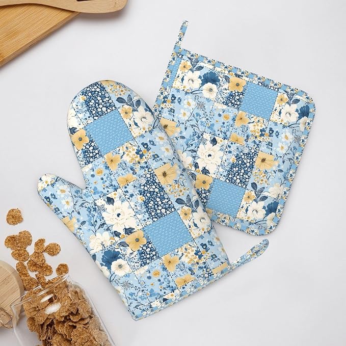 Oven Mitts and Pot Holders Floral Blue Pastel Vintage Silicone Kitchen Accessories Set of 4 Heat Resistant Long Gloves Potholder Non-Slip Grip for Chef Cooking Baking Grilling BBQ