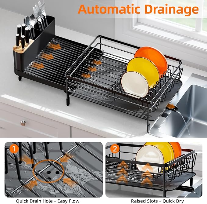 Urackify Large Dish Drying Rack, Expandable Dish Racks for Kitchen Counter, Multifunctional Dish Drainer with Utensil Holder & Cup Holder, 18.5"-26.7" L x 12.7" W, Black