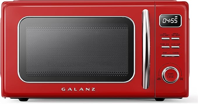 Galanz GLCMKZ11RDR10 Retro Countertop Microwave Oven with Auto Cook & Reheat, Defrost, Quick Start Functions, Easy Clean with Glass Turntable, Pull Handle, 1.1 cu ft, Red