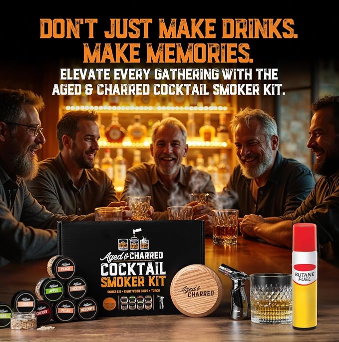 Whiskey Smoker Kit with Torch and Butane - 8 Flavors Wood Chips, 100% USA Oak Smoker, High-End Set - Cocktail Smoker Kit for Drinks - Old Fashioned Bourbon Smoker Gift Set for Men