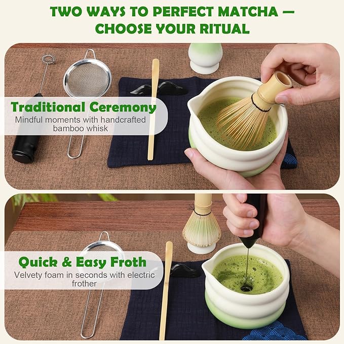Matcha Whisk Set with Electric Frother – 8Pcs Tea Set with Matcha Bowl, Bamboo Whisk & Holder, Scoop, Scoop Rest,Sifter&Tea Towel–Traditional & Modern Matcha Kit for Ceremony,Lattes & Gifts – Green