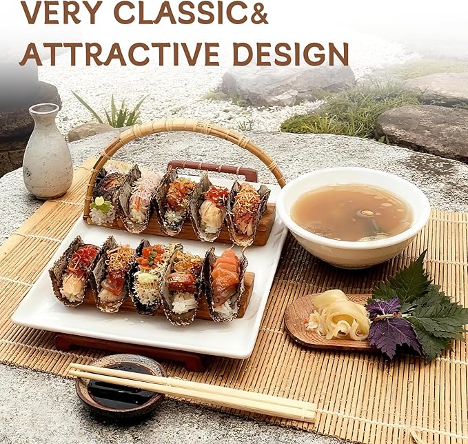 Wooden Taco Holder Stand for Sushi Hand Roll, Temaki & Sushi Roll – 1/2/3/5 Slot Sushi Display Tray, Natural Wood Serving Platter (10 pcs per Pack) (3 Slots (10 pcs))