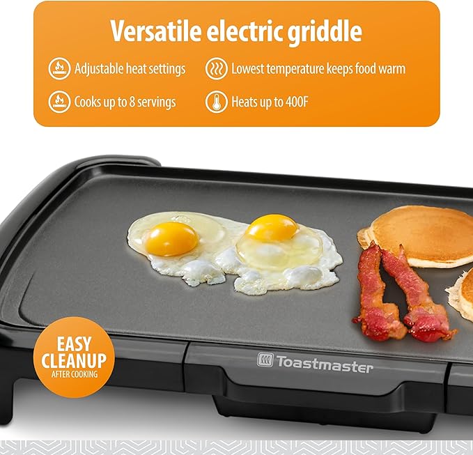 Toastmaster Electric Griddle - Flat Top Nonstick Griddle - Cookware for Breakfast & More - Skillet Griddle with Adjustable Temperature - Kitchen Appliance for Pancakes - 10" x 20" Cooking Surface