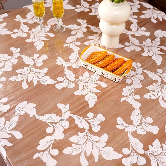 Vinyl Table Cloth Square Clear Table Cover Protector with Block Printed Pattern Oil Spill Proof Farmhouse Rustic Plastic Table Covers for Dining Tables (Scroll Grass, 55 x 55 Inches)