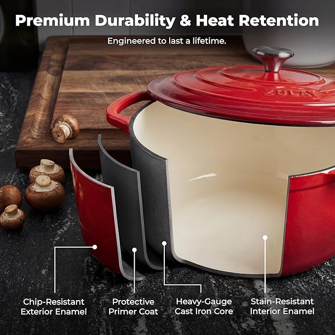 Zulay Kitchen 5 Quart Enameled Cast Iron Dutch Oven Pot with Lid – Premium Durability & Oven Safe up to 500°F – Heavy Duty Cookware Perfect for Bread Baking, Stews, Braising & Roasting – Ablaze Red