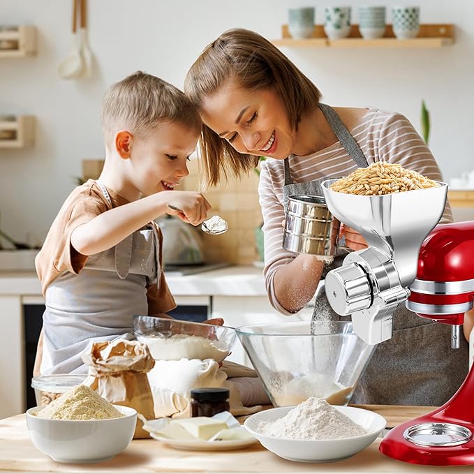 Premium All-Metal Grain Mill Attachment for KitchenAid Stand Mixers, 12-Level Adjustable Flour Mill Grinder for Wheat, Oats, Corn, Rice, Non-Oily Dry Grains - Includes Cleaning Brush