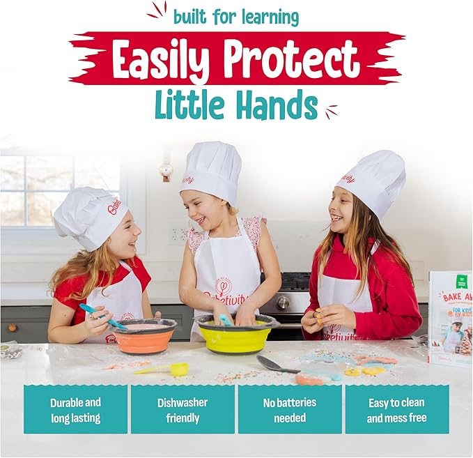 Baketivity Kids Cooking Set Real Utensils With Kitchen Tool Guide - Complete Junior Cooking Set Gift For Girls Or Boys With Mixing Bowls, Cutting Board, Knife, Apron - Kids Baking Set For Real Cooking