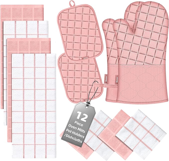 Oven Mitts Pot Holders Sets/Kitchen Towels and Dishcloths, Oven Gloves Kitchen Dish Towels 500 Degree Heat Resistant Potholders with Non-Slip Silicone Surface for Cooking, Grilling, Baking-Pink