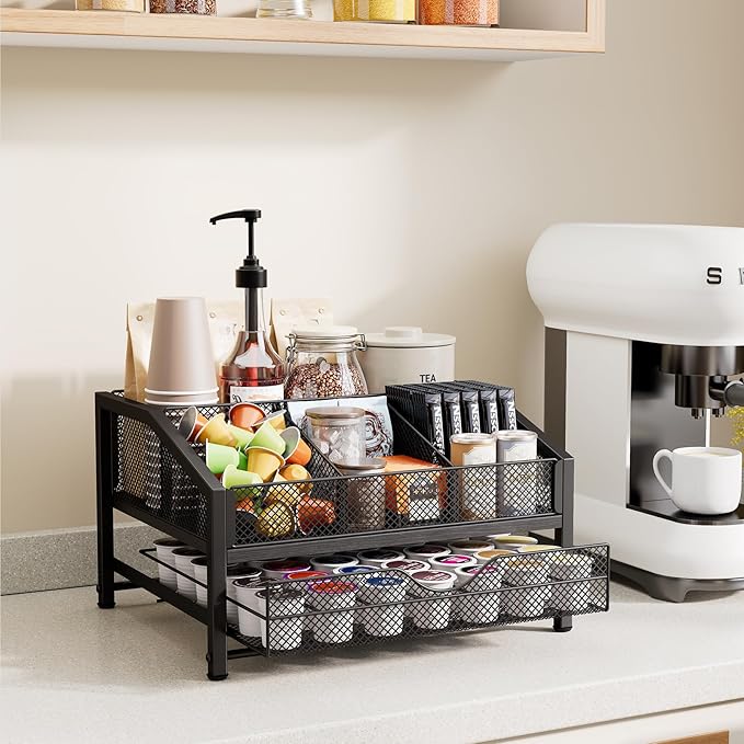 Homsorout Coffee Bar Organizer - Coffee Station for Countertop, Metal and Wood K Cup holder Storage Basket with Drawer for Syrup, Cups, Stirrer, Condiment, Tea Organizer, Black