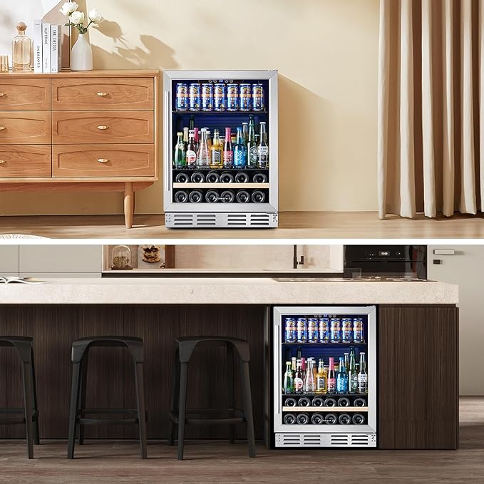 Beverage Fridge 24 Inch Beverage and Wine Cooler Built-in or Freestanding - 120 Cans & 16 Bottles Capacity Wine Refrigerator Cooler