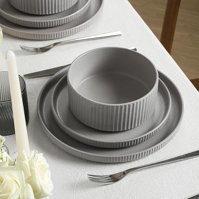 Stone Lain Haven Stoneware 12-Piece Dinnerware Set, Grey - Plates and Bowls Sets for 4, Elegant Dish Set, Includes Dinner Plates, Salad Plates Cereal Bowls, Microwave & Dishwasher Safe