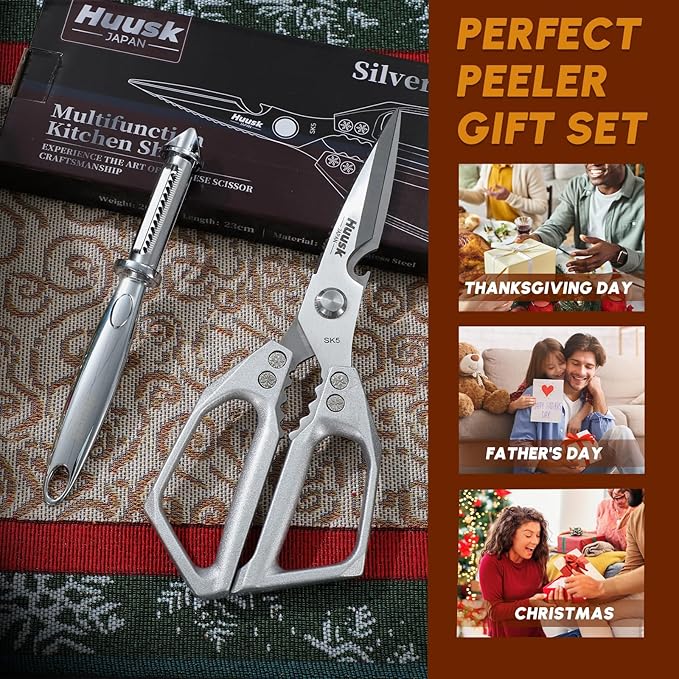 Huusk Kitchen Scissors and Potato Peelers Set, Multifunction Japanese Vegetable Peeler for kitchen, Stainless Steel Cooking Kitchen Shears with Fruit Peeler for Carrot, Veggie, Cucumber, Apple