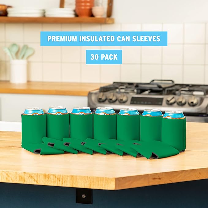 Blank Beer Can Coolers Sleeves (30-Pack) Soft Insulated Beer Can Coolies - HTV Friendly Plain Koolies in Bulk for Beer Cans & Bottles - Coolie Blanks for Vinyl Projects & Wedding Favors (Kelly Green)