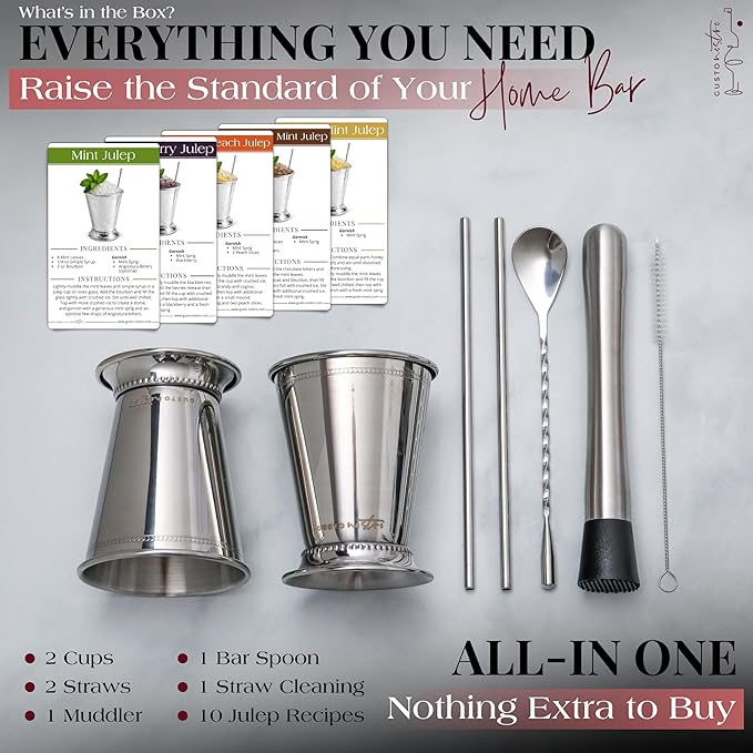 Gusto Nostro Mint Julep Cups Set of 2 - Stainless Steel Julep Cup Kit with Straws, Muddler, Spoon,Recipes, Vases - Southern-style Cocktail Glasses for Home Bar - Stainless Steel Cocktail Cups (Silver)