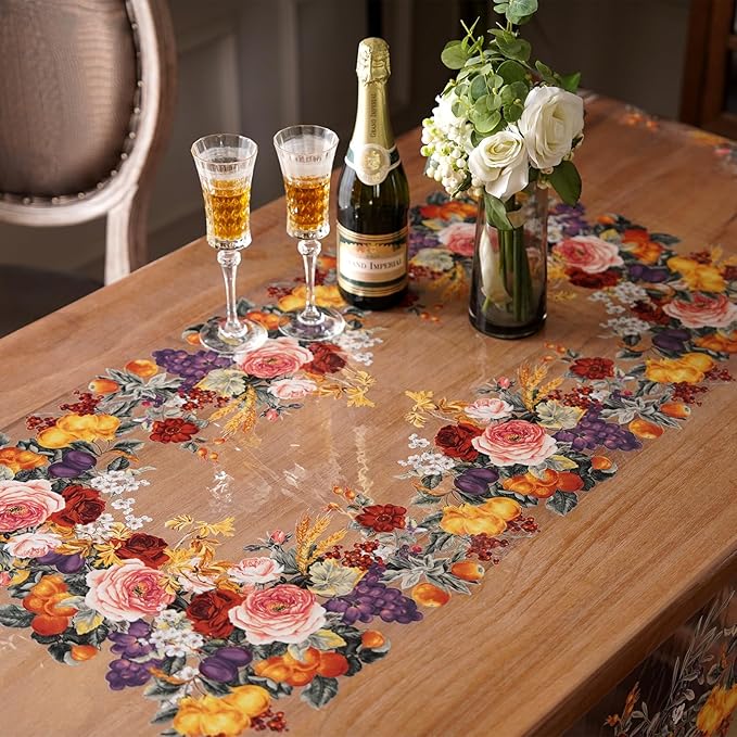 Clear Table Cover Protector Vinyl PVC Rectangle Table Cloth Oil Spill Proof Plastic Tablecloths for Dining Tables Parties Holidays (Floral Fruit, 60 x 104 Inches)